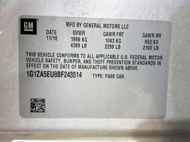 1G1ZA5EU8BF243514 - 2011 CHEVROLET MALIBU LS Күміс фото 10