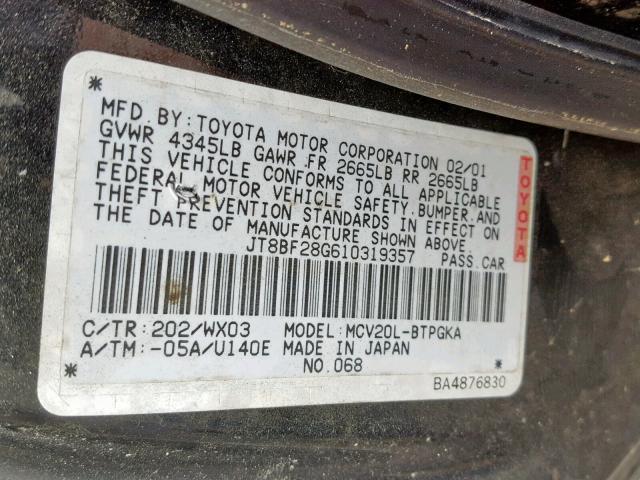 JT8BF28G610319357 - 2001 LEXUS ES 300 BLACK photo 10