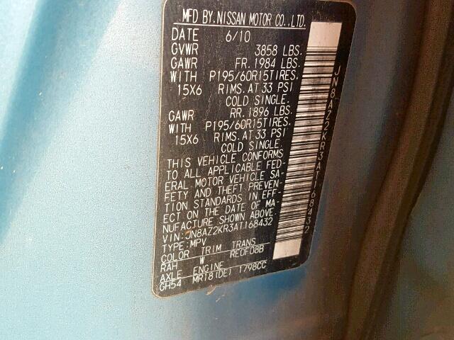 JN8AZ2KR3AT168432 - 2010 NISSAN CUBE BASE BLUE photo 10