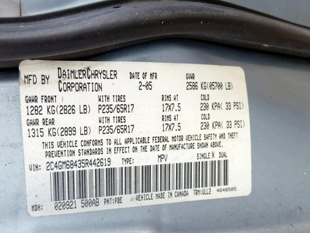 2C4GM68435R442619 - 2005 CHRYSLER PACIFICA T BLUE photo 10