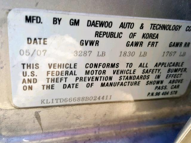 KL1TD66688B024411 - 2008 CHEVROLET AVEO BASE ვერცხლისფერი ფოტო 10