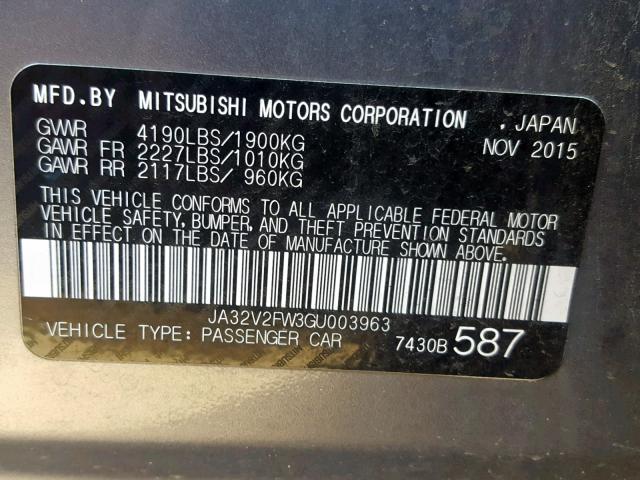 JA32V2FW3GU003963 - 2016 MITSUBISHI LANCER ES GRAY photo 10