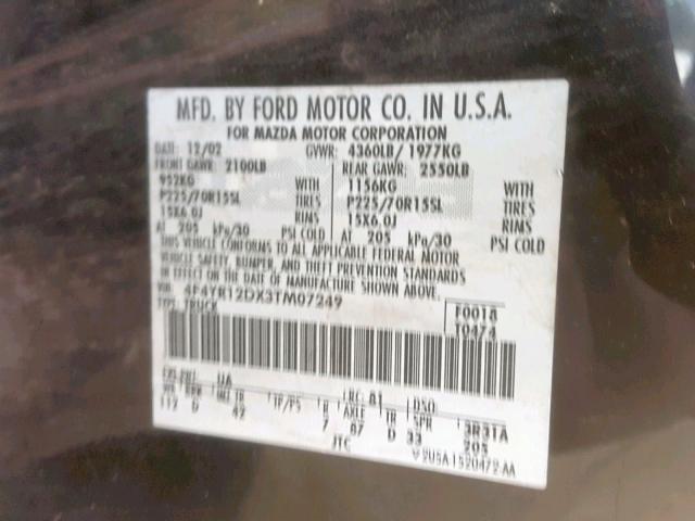 4F4YR12DX3TM07249 - 2003 MAZDA B2300 BLACK photo 10