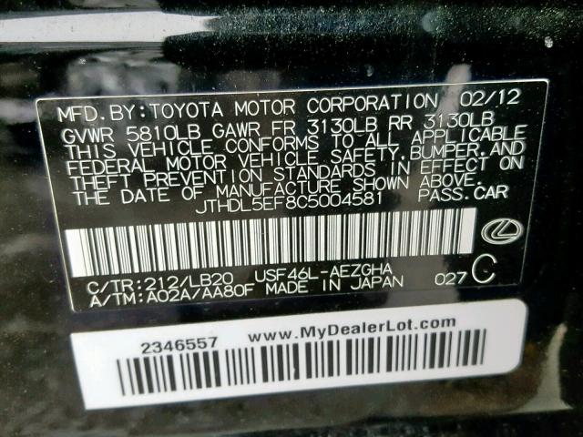 JTHDL5EF8C5004581 - 2012 LEXUS LS 460L BLACK photo 10