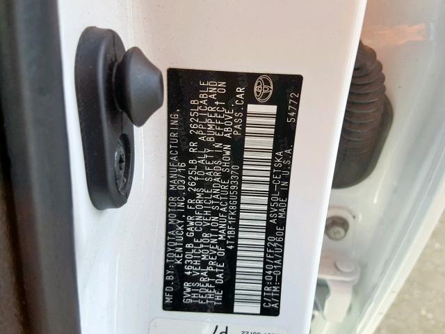4T1BF1FK8GU593370 - 2016 TOYOTA CAMRY LE WHITE photo 10