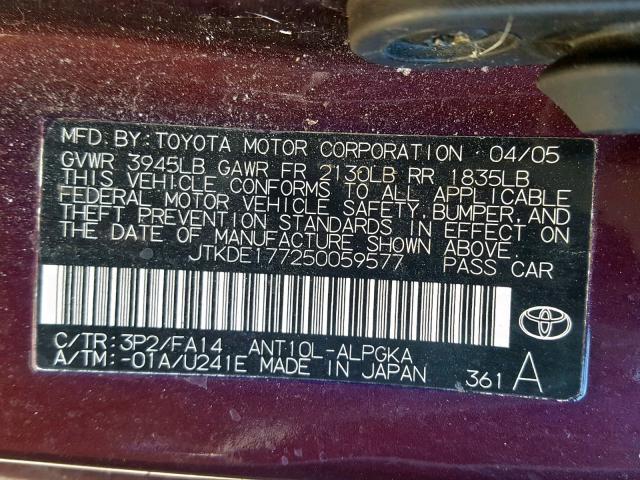 JTKDE177250059577 - 2005 TOYOTA SCION TC 勃艮第红 照片 10