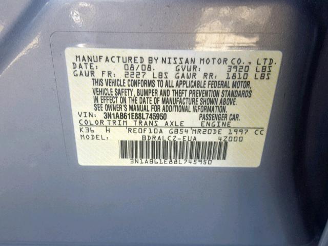 3N1AB61E88L745950 - 2008 NISSAN SENTRA 2.0 GRAY photo 10