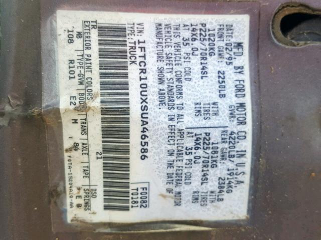 1FTCR10UXSUA46586 - 1995 FORD RANGER GRAY photo 10