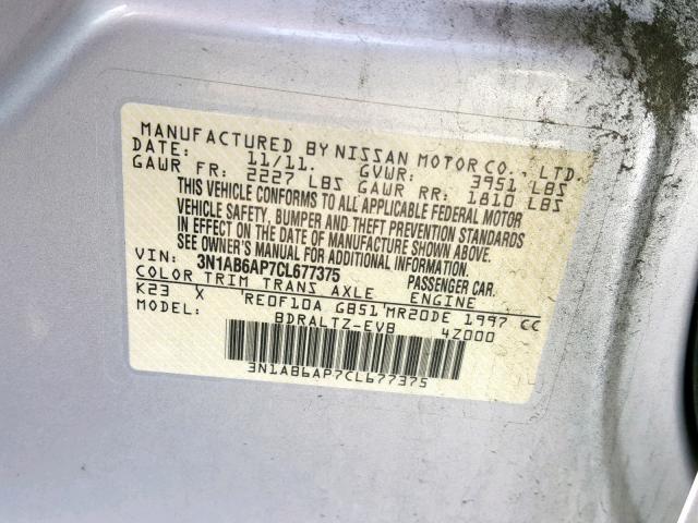 3N1AB6AP7CL677375 - 2012 NISSAN SENTRA 2.0 SILVER photo 10