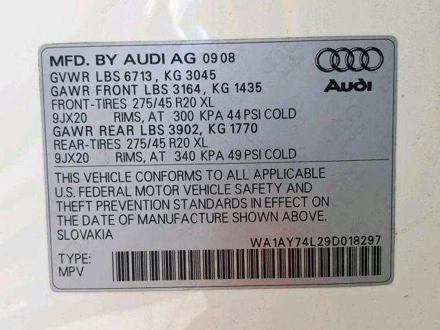 WA1AY74L29D018297 - 2009 AUDI Q7 3.6 QUA WHITE photo 10