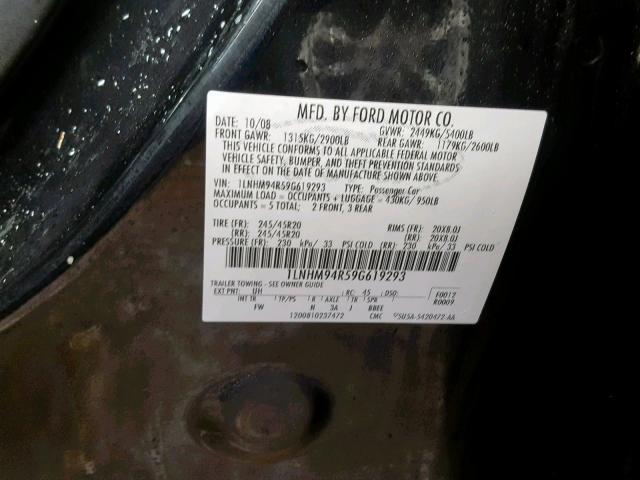 1LNHM94R59G619293 - 2009 LINCOLN MKS BLACK photo 10