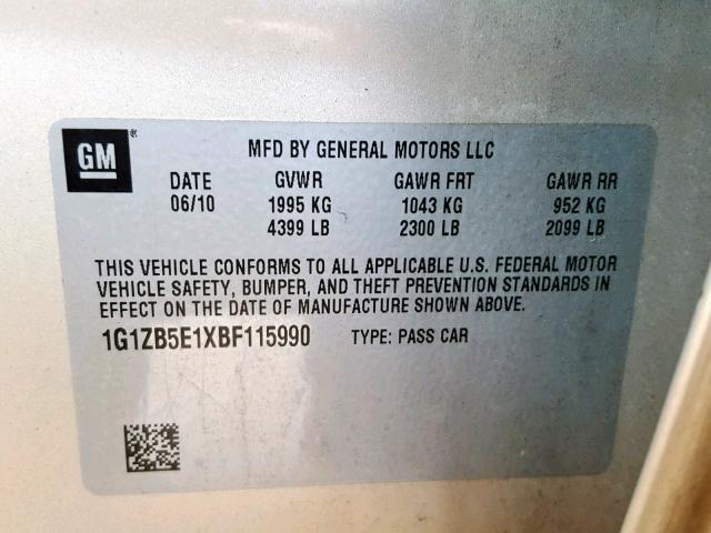 1G1ZB5E1XBF115990 - 2011 CHEVROLET MALIBU LS GOLD photo 10