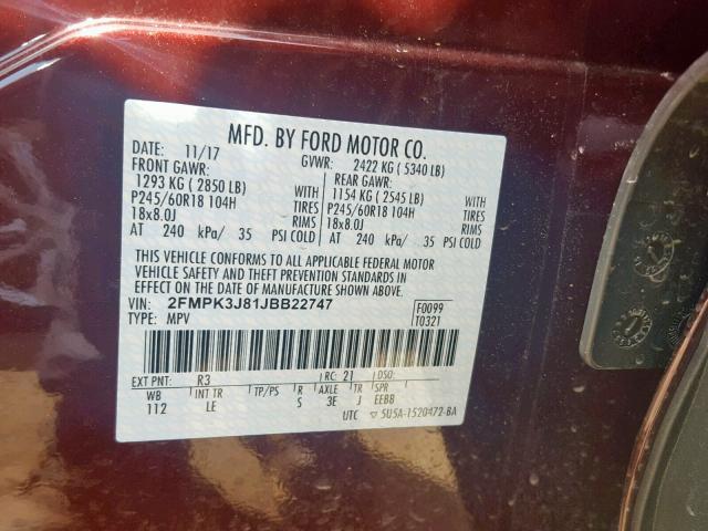 2FMPK3J81JBB22747 - 2018 FORD EDGE SEL BURGUNDY photo 10