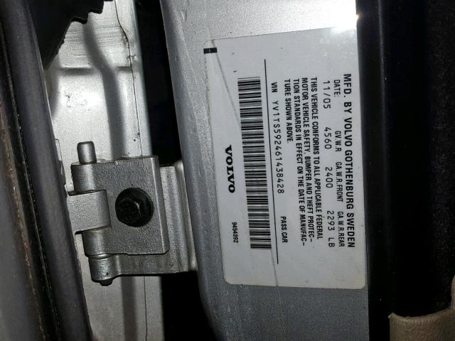 YV1TS592461438428 - 2006 VOLVO S80 2.5T GRAY photo 10