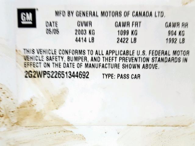 2G2WP522651344692 - 2005 PONTIAC GRAND PRIX WHITE photo 10