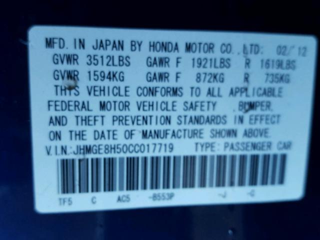 JHMGE8H50CC017719 - 2012 HONDA FIT SPORT BLUE photo 10