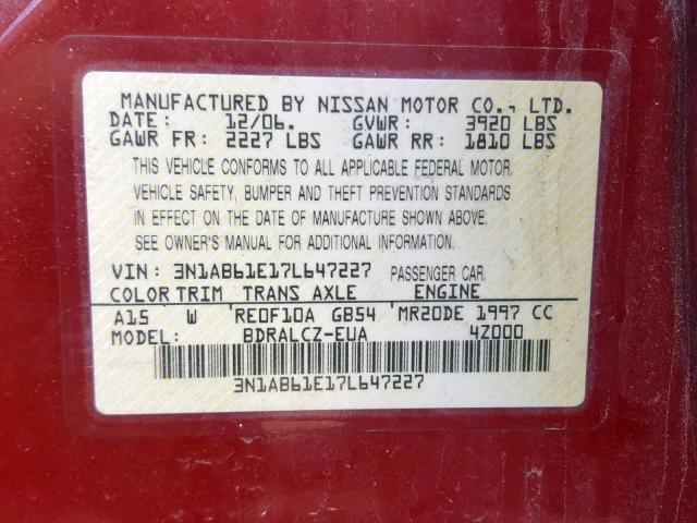 3N1AB61E17L647227 - 2007 NISSAN SENTRA 2.0 RED photo 10