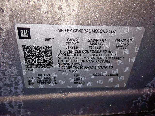 1GNERKKW9JJ122612 - 2018 CHEVROLET TRAVERSE P BROWN photo 10