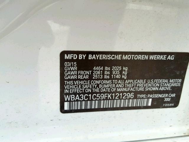 WBA3C1C59FK121296 - 2015 BMW 328 I SULE WHITE photo 10