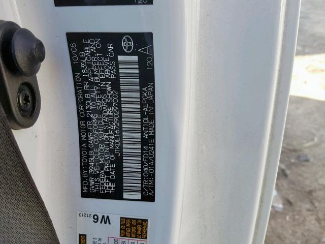 JTKDE167290297002 - 2009 TOYOTA SCION TC თეთრი ფოტო 10