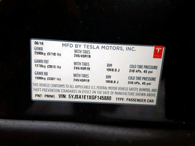 5YJSA1E1XGF145880 - 2016 TESLA MODEL S Մոխրագույն լուսանկար 10