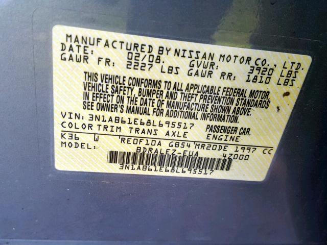 3N1AB61E68L695517 - 2008 NISSAN SENTRA 2.0 GRAY photo 10