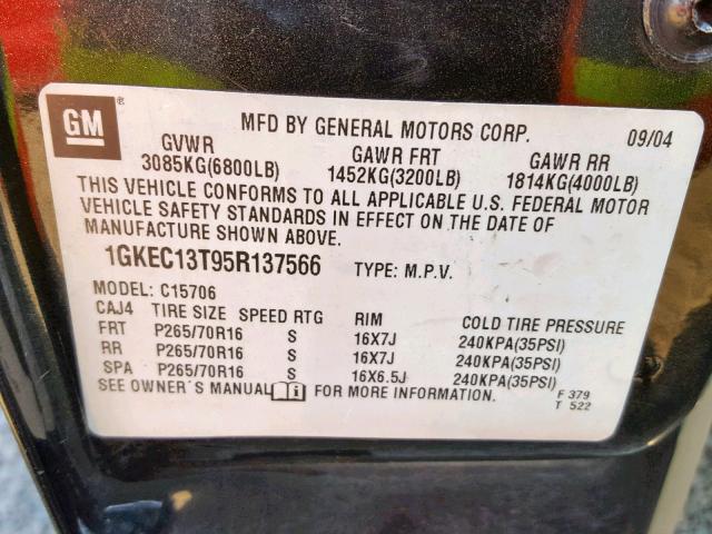 1GKEC13T95R137566 - 2005 GMC YUKON GRAY photo 10