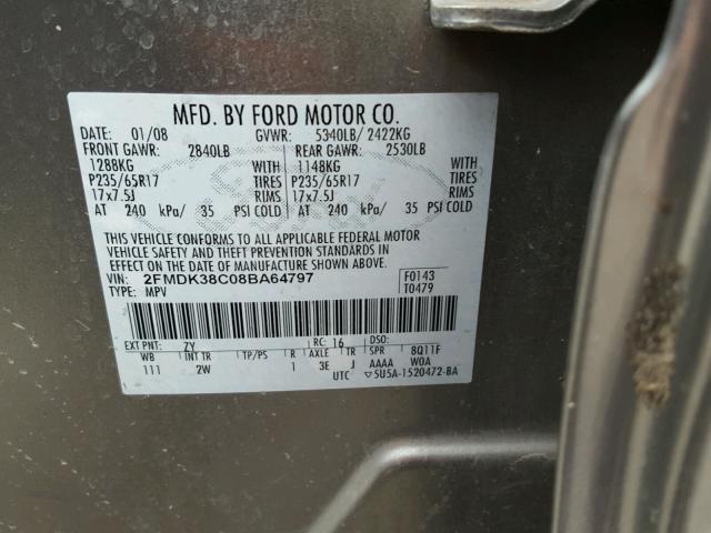 2FMDK38C08BA64797 - 2008 FORD EDGE SEL CHARCOAL photo 10