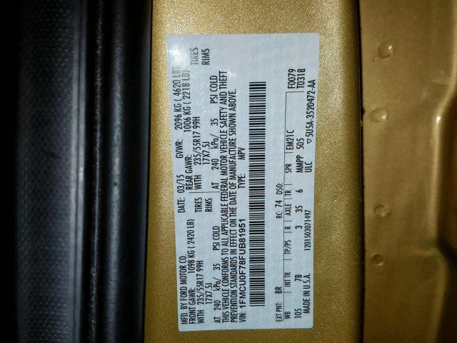 1FMCU0F78FUB81951 - 2015 FORD ESCAPE S GOLD photo 10