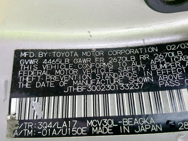 JTHBF30G230133237 - 2003 LEXUS ES 300 SILVER photo 10