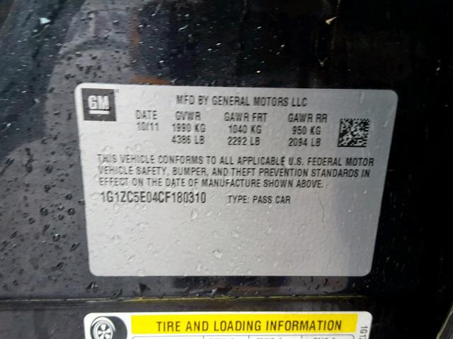 1G1ZC5E04CF180310 - 2012 CHEVROLET MALIBU 1LT 黑色 照片 10