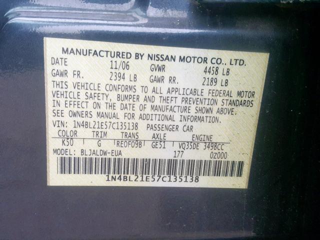 1N4BL21E57C135138 - 2007 NISSAN ALTIMA 3.5 BLACK photo 10