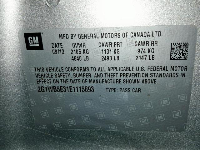 2G1WB5E31E1115893 - 2014 CHEVROLET IMPALA LIM SILVER photo 10