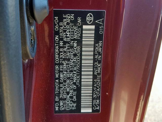 JTKDE177X50004388 - 2005 TOYOTA SCION TC იასამნისფერი ფოტო 10