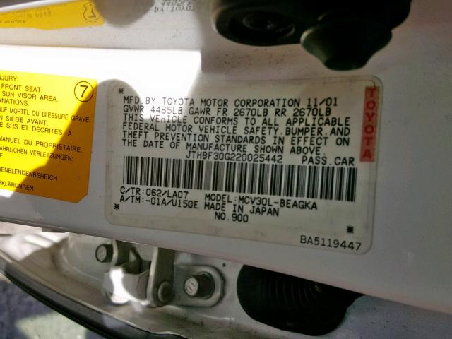 JTHBF30G220025442 - 2002 LEXUS ES 300 WHITE photo 10