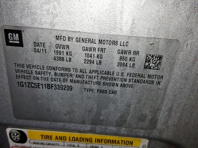 1G1ZC5E11BF339209 - 2011 CHEVROLET MALIBU 1LT SILVER photo 10