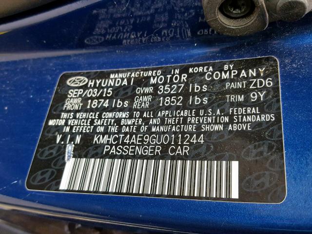 KMHCT4AE9GU011244 - 2016 HYUNDAI ACCENT SE BLUE photo 10