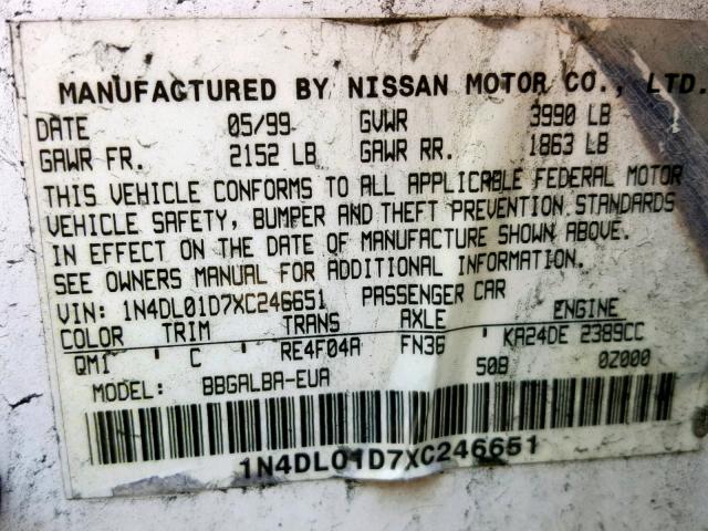 1N4DL01D7XC246651 - 1999 NISSAN ALTIMA XE WHITE photo 10