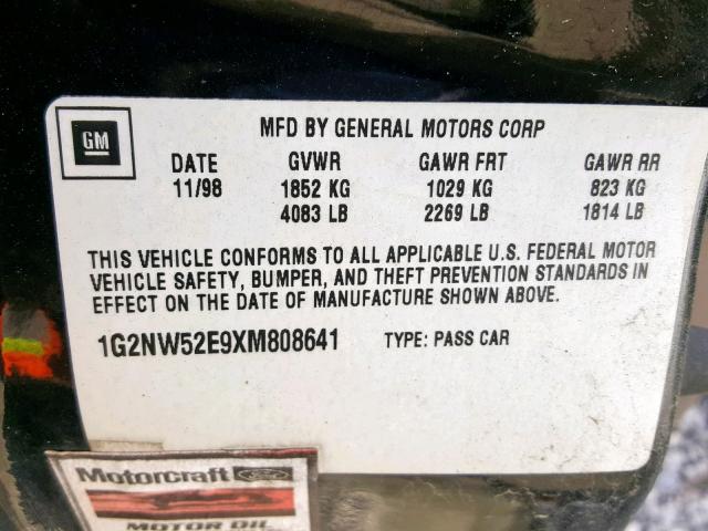 1G2NW52E9XM808641 - 1999 PONTIAC GRAND AM G BLACK photo 10