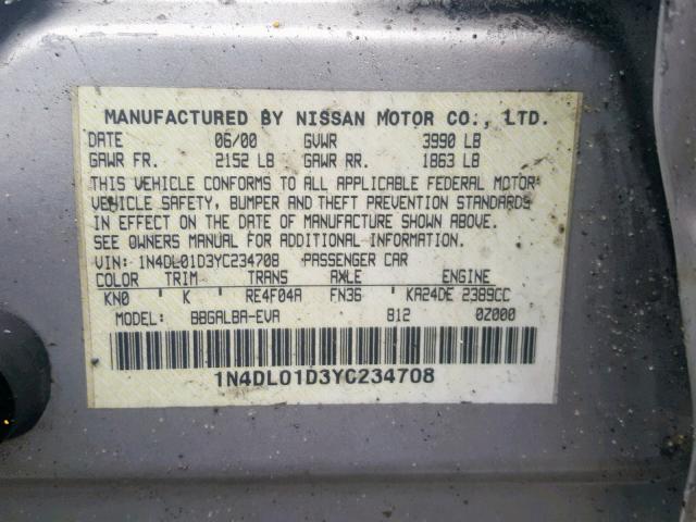 1N4DL01D3YC234708 - 2000 NISSAN ALTIMA XE SILVER photo 10