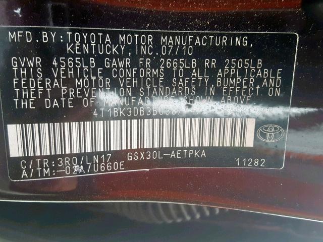 4T1BK3DB3BU387747 - 2011 TOYOTA AVALON BAS BROWN photo 10