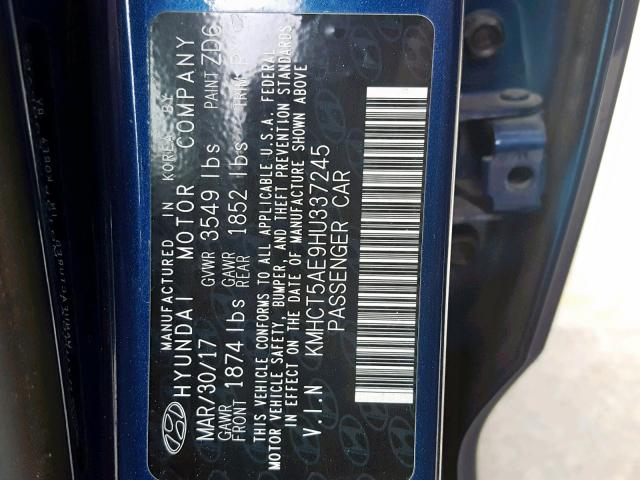 KMHCT5AE9HU337245 - 2017 HYUNDAI ACCENT SE BLUE photo 10