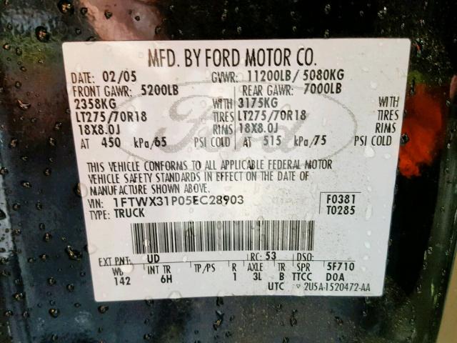 1FTWX31P05EC28903 - 2005 FORD F350 SRW S BLACK photo 10