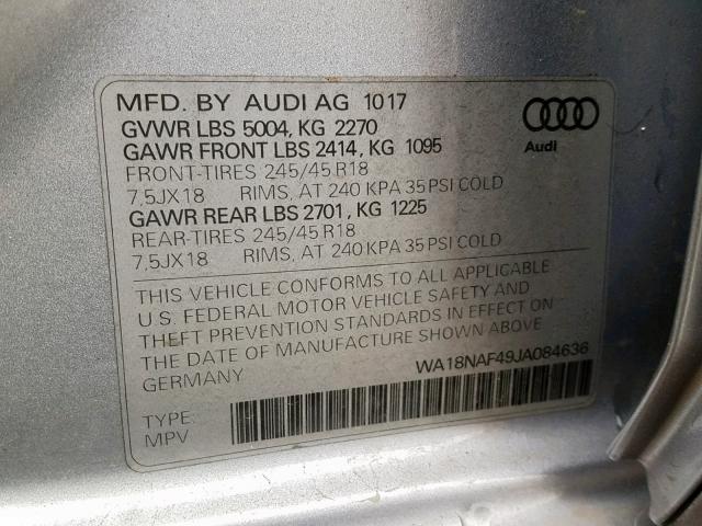 WA18NAF49JA084636 - 2018 AUDI A4 ALLROAD SILVER photo 10