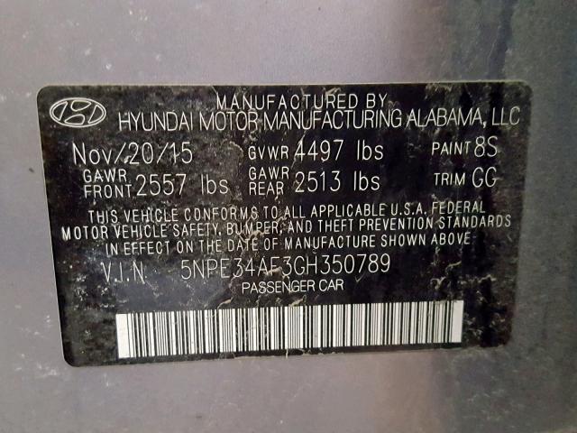 5NPE34AF3GH350789 - 2016 HYUNDAI SONATA SPO SILVER photo 10