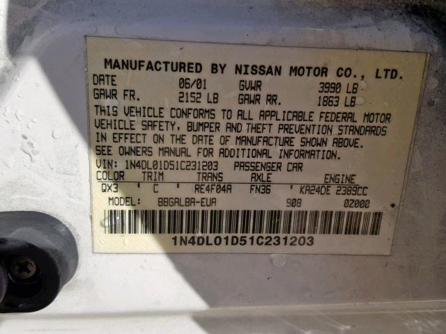 1N4DL01D51C231203 - 2001 NISSAN ALTIMA XE WHITE photo 10