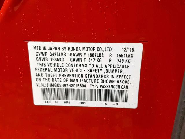 JHMGK5H97HS015604 - 2017 HONDA FIT EX RED photo 10