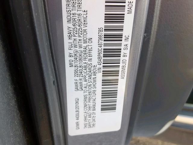 4S4BP60C487366785 - 2008 SUBARU OUTBACK GRAY photo 10