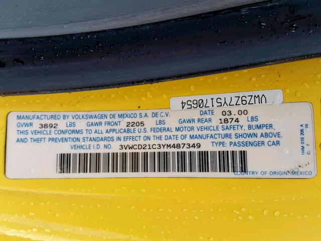 3VWCD21C3YM487349 - 2000 VOLKSWAGEN NEW BEETLE YELLOW photo 10