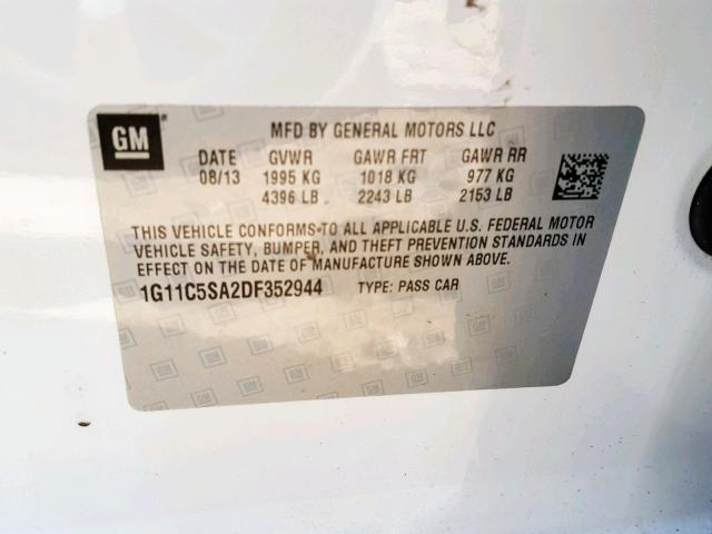 1G11C5SA2DF352944 - 2013 CHEVROLET MALIBU 1LT 白色 照片 10